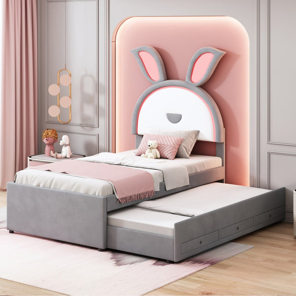 HomeRoots Gray Tufted Upholstered Twin Bed Frame with LED Lights, Trundle, and Under-Bed Storage Solutions 590451