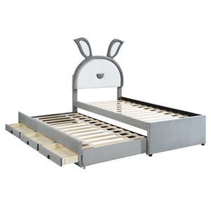 HomeRoots Gray Tufted Upholstered Twin Bed Frame with LED Lights, Trundle, and Under-Bed Storage Solutions 590451