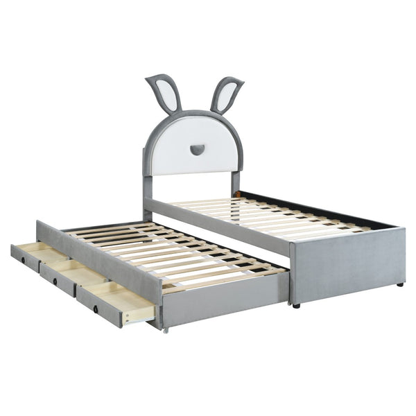 HomeRoots Gray Tufted Upholstered Twin Bed Frame with LED Lights, Trundle, and Under-Bed Storage Solutions 590451
