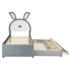 HomeRoots Gray Tufted Upholstered Twin Bed Frame with LED Lights, Trundle, and Under-Bed Storage Solutions 590451
