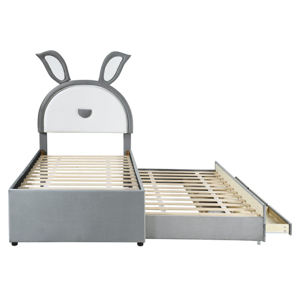 HomeRoots Gray Tufted Upholstered Twin Bed Frame with LED Lights, Trundle, and Under-Bed Storage Solutions 590451