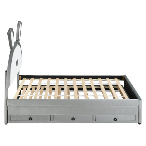HomeRoots Gray Tufted Upholstered Twin Bed Frame with LED Lights, Trundle, and Under-Bed Storage Solutions 590451
