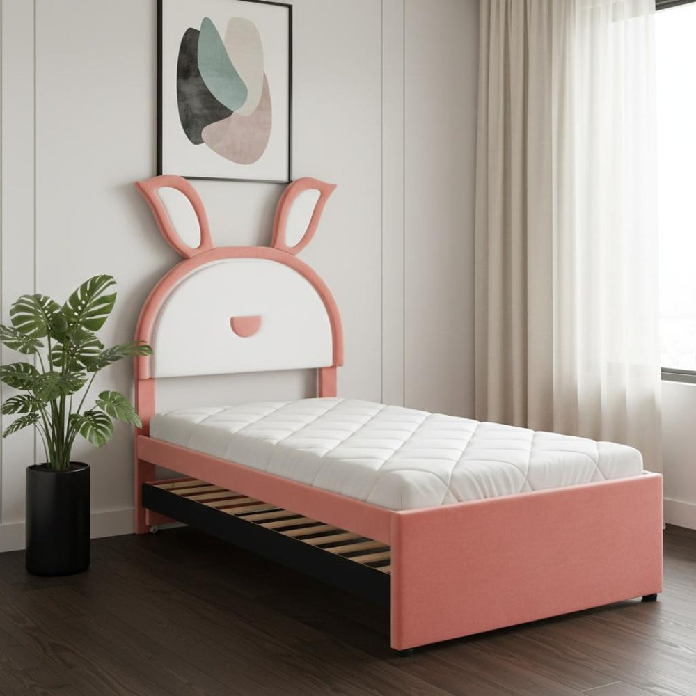 HomeRoots Pink Tufted Upholstered Twin Bed Frame with LED Lighting, Trundle & Storage Drawers for Kids 590452
