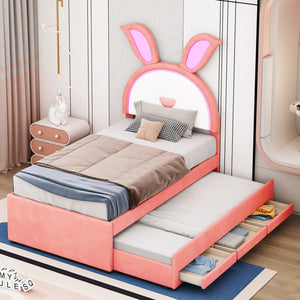 HomeRoots Pink Tufted Upholstered Twin Bed Frame with LED Lighting, Trundle & Storage Drawers for Kids 590452