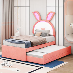 HomeRoots Pink Tufted Upholstered Twin Bed Frame with LED Lighting, Trundle & Storage Drawers for Kids 590452