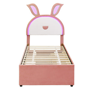 HomeRoots Pink Tufted Upholstered Twin Bed Frame with LED Lighting, Trundle & Storage Drawers for Kids 590452