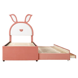 HomeRoots Pink Tufted Upholstered Twin Bed Frame with LED Lighting, Trundle & Storage Drawers for Kids 590452