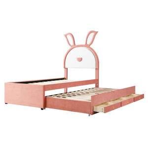HomeRoots Pink Tufted Upholstered Twin Bed Frame with LED Lighting, Trundle & Storage Drawers for Kids 590452