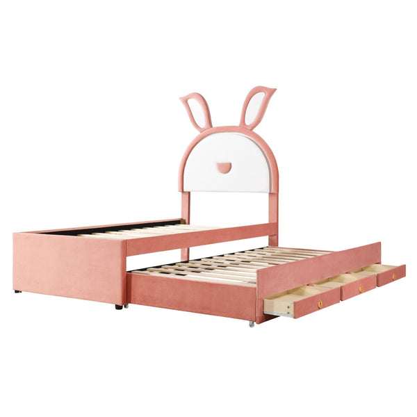 HomeRoots Pink Tufted Upholstered Twin Bed Frame with LED Lighting, Trundle & Storage Drawers for Kids 590452