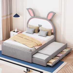 HomeRoots Gray Tufted Upholstered Full Bed Frame with LED Lighting, Trundle, Drawers & Modern Comfort Design 590453
