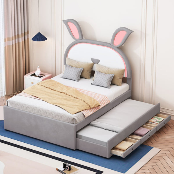 HomeRoots Gray Tufted Upholstered Full Bed Frame with LED Lighting, Trundle, Drawers & Modern Comfort Design 590453
