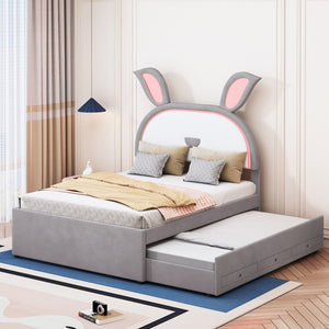 HomeRoots Gray Tufted Upholstered Full Bed Frame with LED Lighting, Trundle, Drawers & Modern Comfort Design 590453