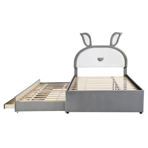 HomeRoots Gray Tufted Upholstered Full Bed Frame with LED Lighting, Trundle, Drawers & Modern Comfort Design 590453
