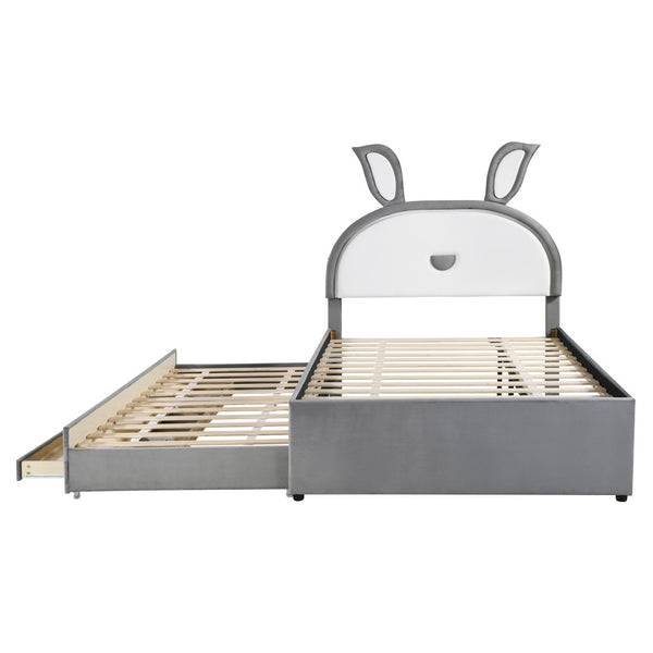 HomeRoots Gray Tufted Upholstered Full Bed Frame with LED Lighting, Trundle, Drawers & Modern Comfort Design 590453