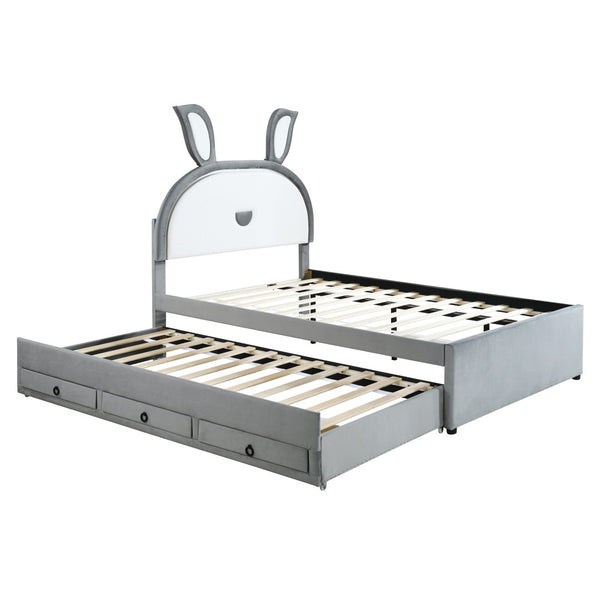 HomeRoots Gray Tufted Upholstered Full Bed Frame with LED Lighting, Trundle, Drawers & Modern Comfort Design 590453