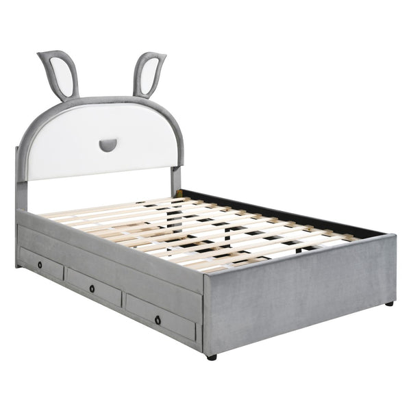 HomeRoots Gray Tufted Upholstered Full Bed Frame with LED Lighting, Trundle, Drawers & Modern Comfort Design 590453