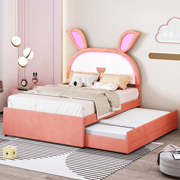HomeRoots Pink Tufted Upholstered Full Bed Frame with LED Lights, Trundle, Drawers & Cozy Design for Comfort 590454