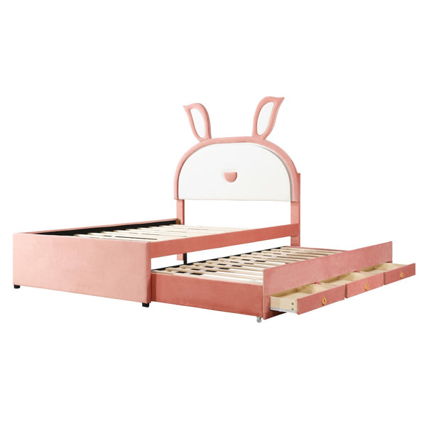 HomeRoots Pink Tufted Upholstered Full Bed Frame with LED Lights, Trundle, Drawers & Cozy Design for Comfort 590454