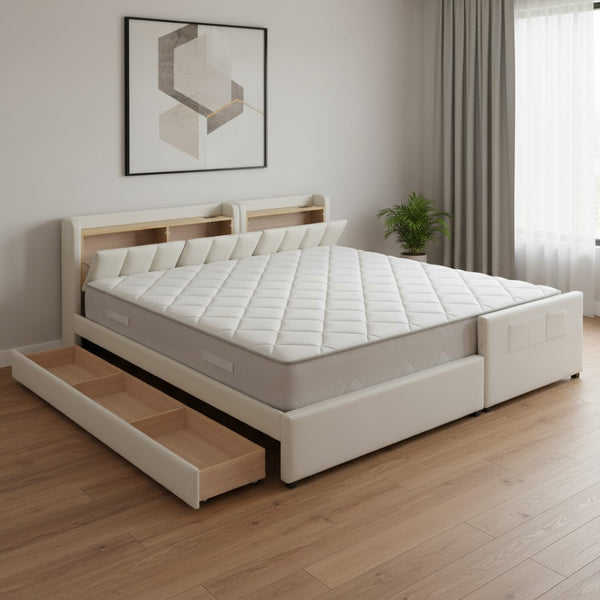 HomeRoots Beige Tufted Upholstered Queen Bed Frame with Trundle, USB Charging, Storage Drawer & Style 590455