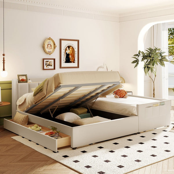 HomeRoots Beige Tufted Upholstered Queen Bed Frame with Trundle, USB Charging, Storage Drawer & Style 590455