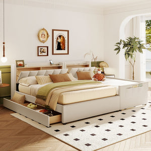 HomeRoots Beige Tufted Upholstered Queen Bed Frame with Trundle, USB Charging, Storage Drawer & Style 590455