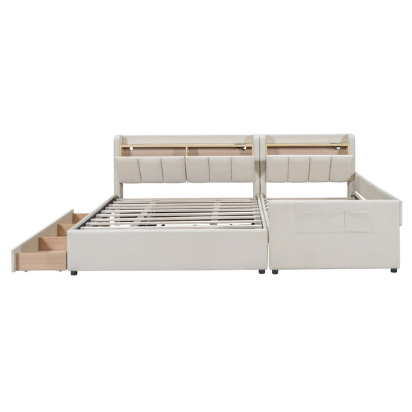HomeRoots Beige Tufted Upholstered Queen Bed Frame with Trundle, USB Charging, Storage Drawer & Style 590455