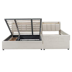 HomeRoots Beige Tufted Upholstered Queen Bed Frame with Trundle, USB Charging, Storage Drawer & Style 590455