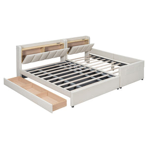 HomeRoots Beige Tufted Upholstered Queen Bed Frame with Trundle, USB Charging, Storage Drawer & Style 590455
