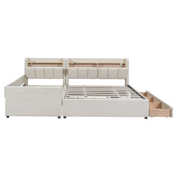 HomeRoots Beige Tufted Upholstered Queen Bed Frame with Trundle, USB Charging, Storage Drawer & Style 590455