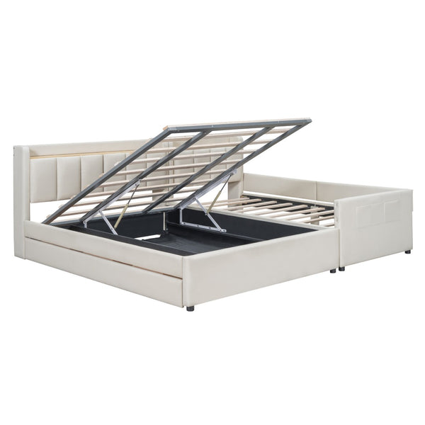 HomeRoots Beige Tufted Upholstered Queen Bed Frame with Trundle, USB Charging, Storage Drawer & Style 590455