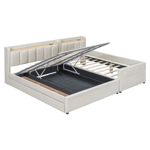 HomeRoots Beige Tufted Upholstered Queen Bed Frame with Trundle, USB Charging, Storage Drawer & Style 590455