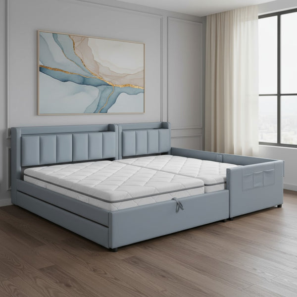 HomeRoots Gray Tufted Upholstered Queen Bed Frame with USB Charging, Trundle-Ready Design, and Storage Drawer 590456
