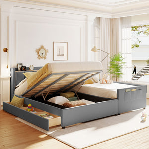 HomeRoots Gray Tufted Upholstered Queen Bed Frame with USB Charging, Trundle-Ready Design, and Storage Drawer 590456