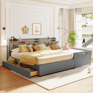 HomeRoots Gray Tufted Upholstered Queen Bed Frame with USB Charging, Trundle-Ready Design, and Storage Drawer 590456