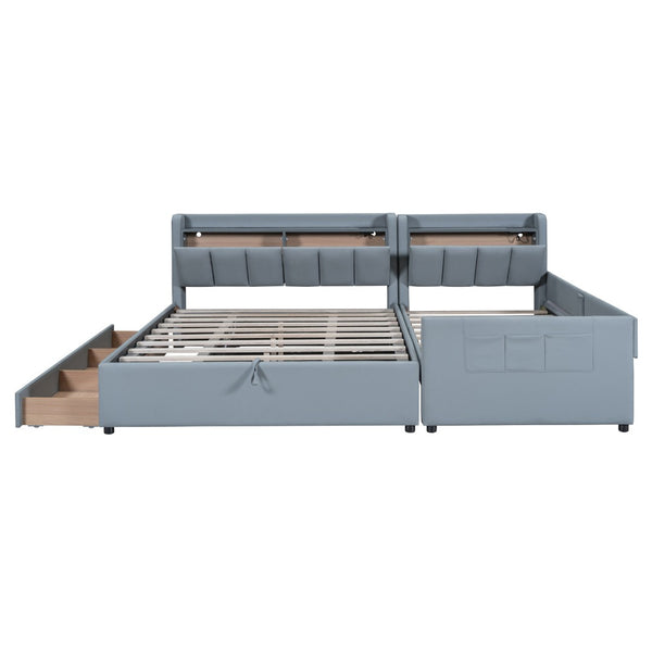 HomeRoots Gray Tufted Upholstered Queen Bed Frame with USB Charging, Trundle-Ready Design, and Storage Drawer 590456