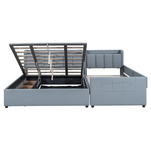 HomeRoots Gray Tufted Upholstered Queen Bed Frame with USB Charging, Trundle-Ready Design, and Storage Drawer 590456