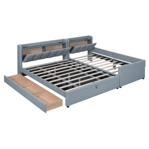 HomeRoots Gray Tufted Upholstered Queen Bed Frame with USB Charging, Trundle-Ready Design, and Storage Drawer 590456