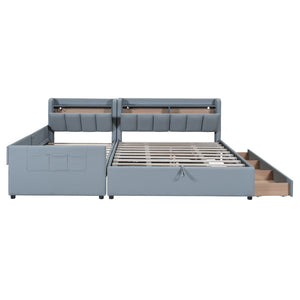 HomeRoots Gray Tufted Upholstered Queen Bed Frame with USB Charging, Trundle-Ready Design, and Storage Drawer 590456