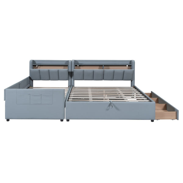 HomeRoots Gray Tufted Upholstered Queen Bed Frame with USB Charging, Trundle-Ready Design, and Storage Drawer 590456