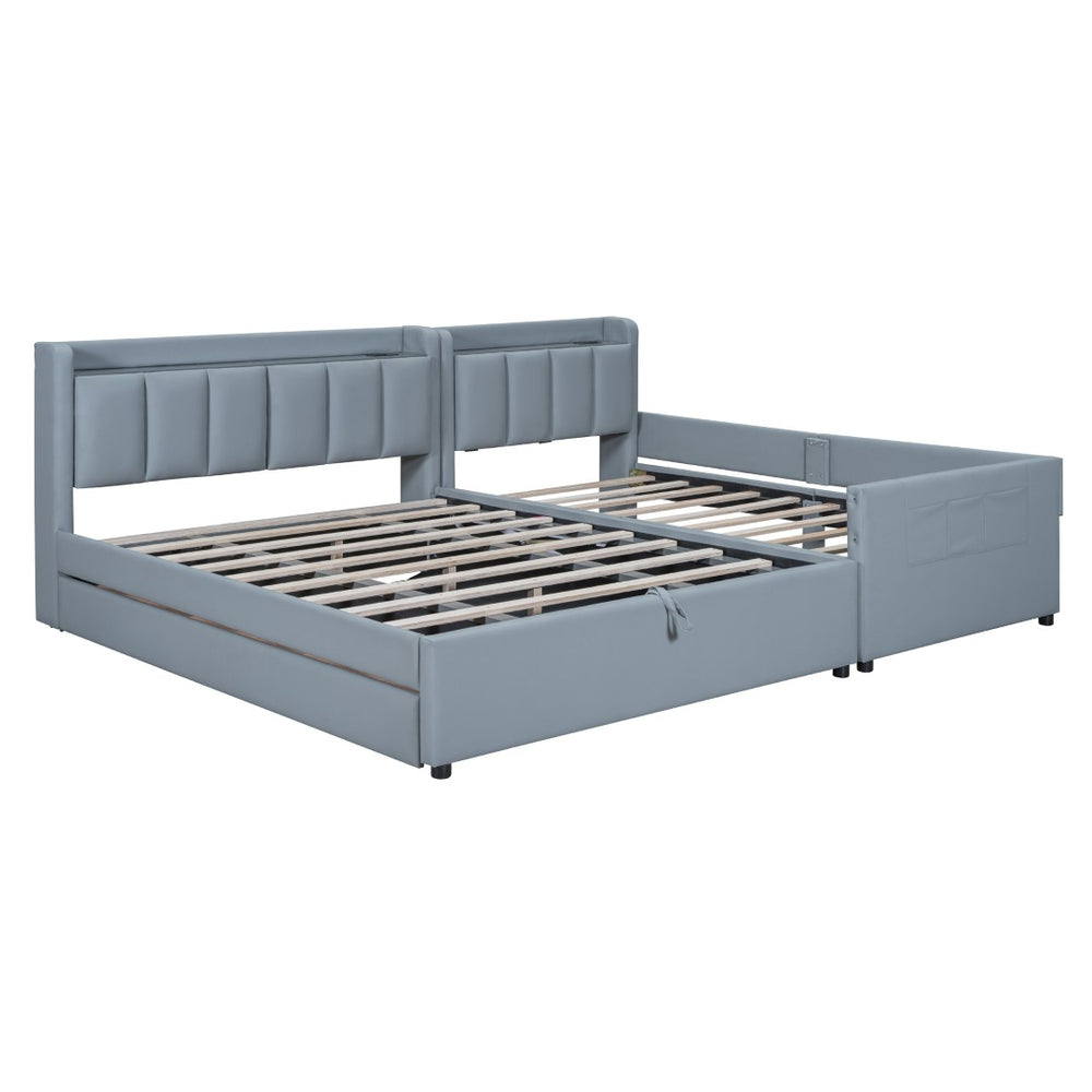 HomeRoots Gray Tufted Upholstered Queen Bed Frame with USB Charging, Trundle-Ready Design, and Storage Drawer 590456