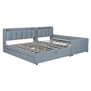 HomeRoots Gray Tufted Upholstered Queen Bed Frame with USB Charging, Trundle-Ready Design, and Storage Drawer 590456