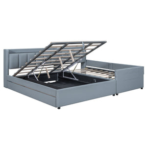 HomeRoots Gray Tufted Upholstered Queen Bed Frame with USB Charging, Trundle-Ready Design, and Storage Drawer 590456