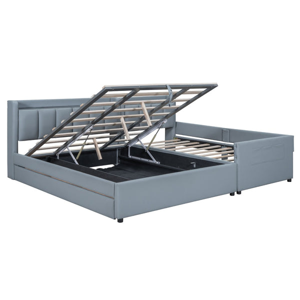 HomeRoots Gray Tufted Upholstered Queen Bed Frame with USB Charging, Trundle-Ready Design, and Storage Drawer 590456