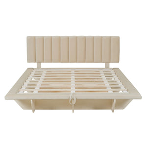 HomeRoots Beige Tufted Upholstered Queen Bed Frame with USB Port & Wooden Slats for Ultimate Comfort 590459