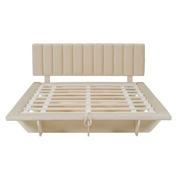 HomeRoots Beige Tufted Upholstered Queen Bed Frame with USB Port & Wooden Slats for Ultimate Comfort 590459