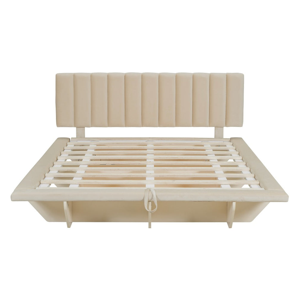 HomeRoots Beige Tufted Upholstered Queen Bed Frame with USB Port & Wooden Slats for Ultimate Comfort 590459