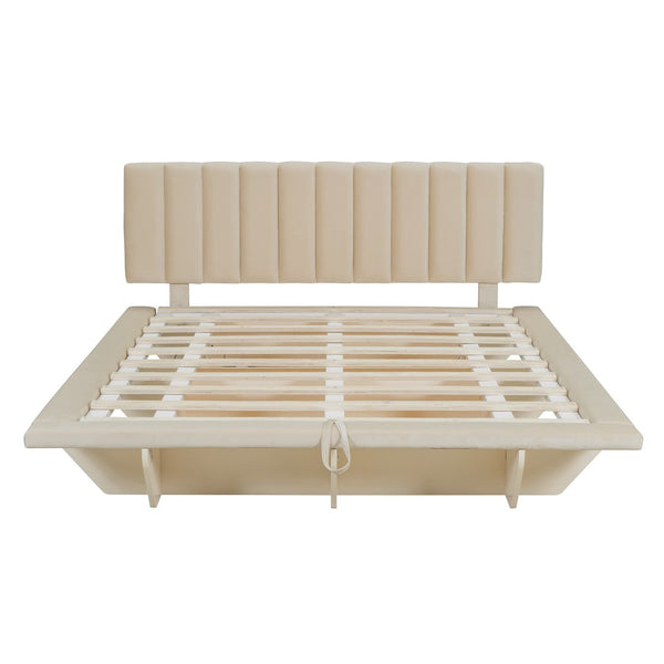 HomeRoots Beige Tufted Upholstered Queen Bed Frame with USB Port & Wooden Slats for Ultimate Comfort 590459