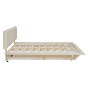 HomeRoots Beige Tufted Upholstered Queen Bed Frame with USB Port & Wooden Slats for Ultimate Comfort 590459