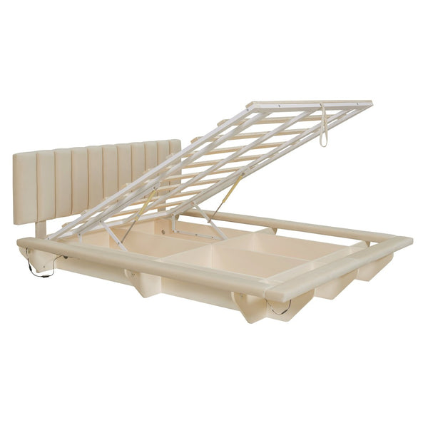 HomeRoots Beige Tufted Upholstered Queen Bed Frame with USB Port & Wooden Slats for Ultimate Comfort 590459