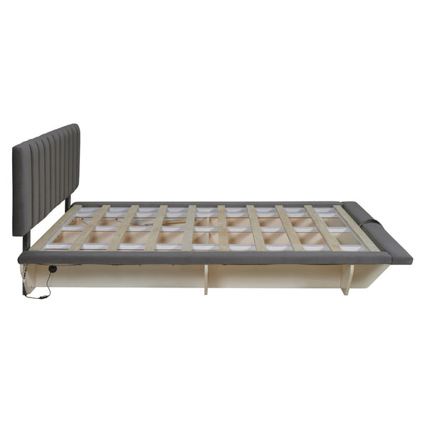 HomeRoots Gray Tufted Upholstered Queen Bed Frame with Built-In USB Port for Modern Comfort & Style Upgrade 590460